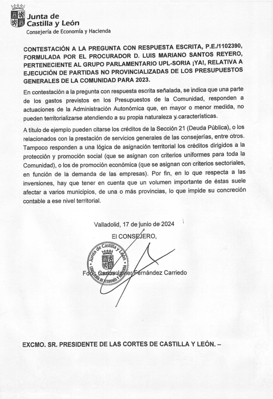 Contestación de la Junta de Castilla y León sobre partidas no provincializadas