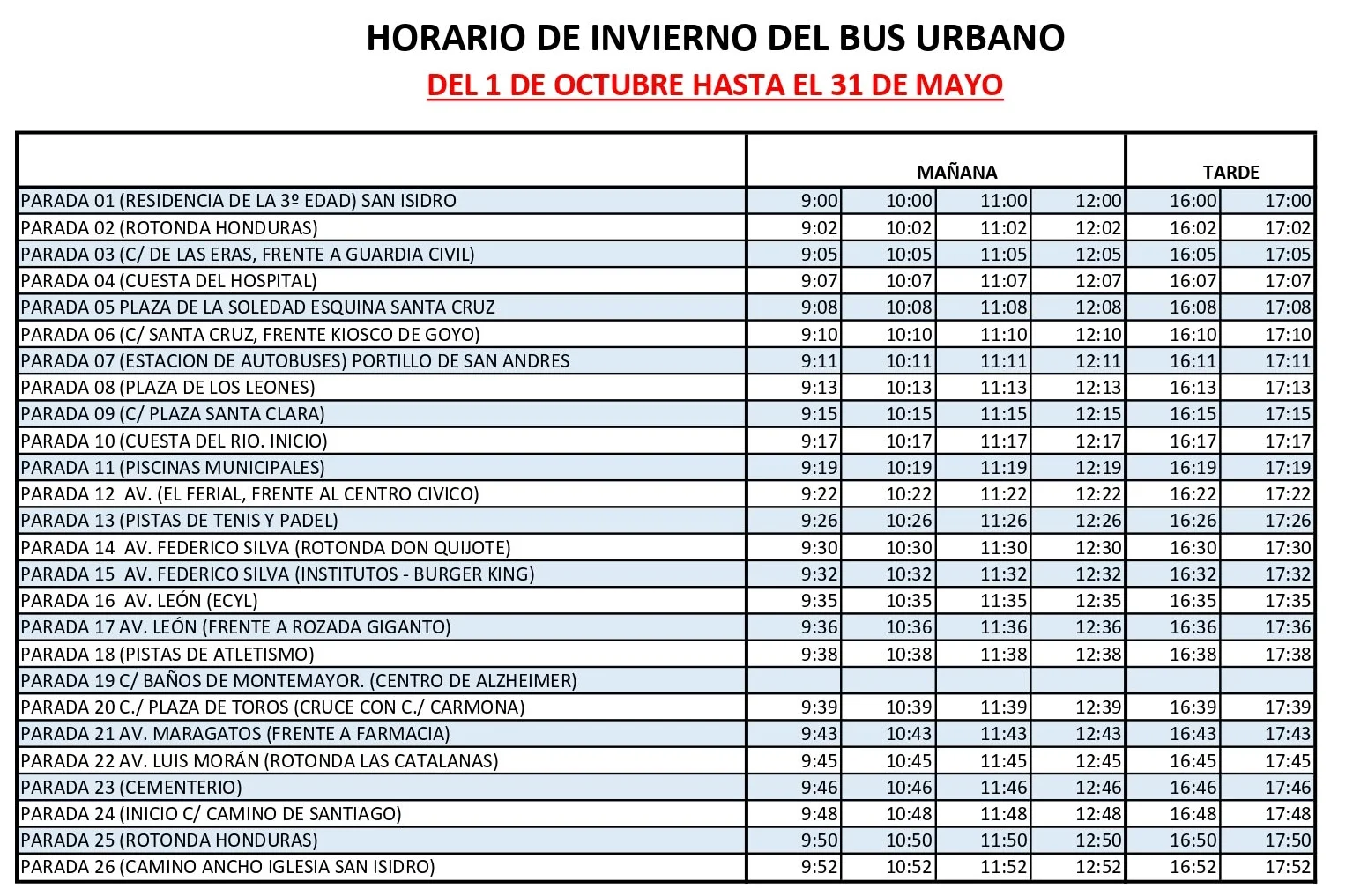 Paradas y horarios línea U: San Isidro (Circular)