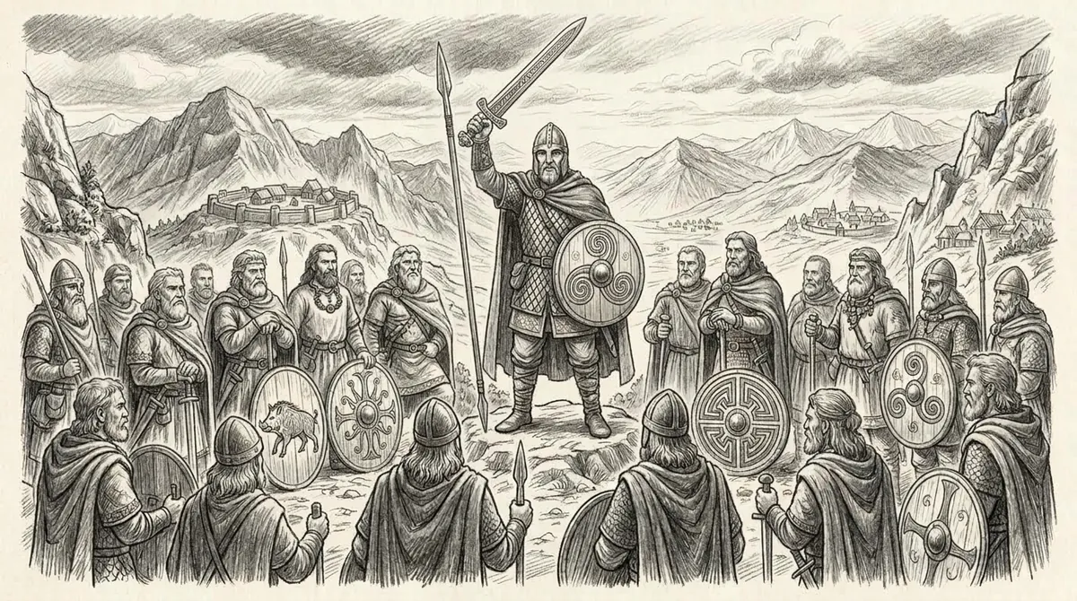 Dibujo del alzamiento de Pelayo ante los demás clanes astures